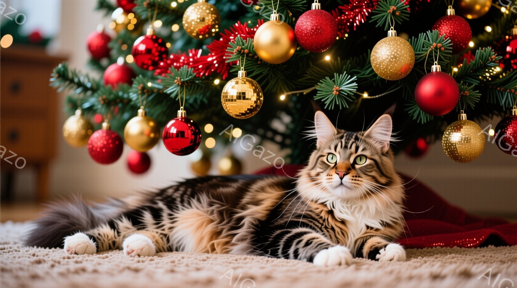 長毛の縞模様の猫が赤い布の上に横たわっており、鮮やかな緑のクリスマスツリーが背景にあります。猫はリラックスした様子で、穏やかな表情でカメラを見ています。クリスマスツリーは、赤や金色の装飾で飾られており - AI生成フリー素材