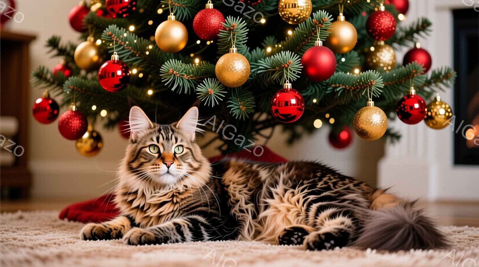 籐の籠の中に、縞模様の可愛らしい子猫が丸まって眠っている。背景には、キラキラと輝く様々な色のクリスマスオーナメントが密集しており、緑色のモミの木の葉が覗いている。全体的に温かく、穏やかで、クリスマスの - AI生成フリー素材