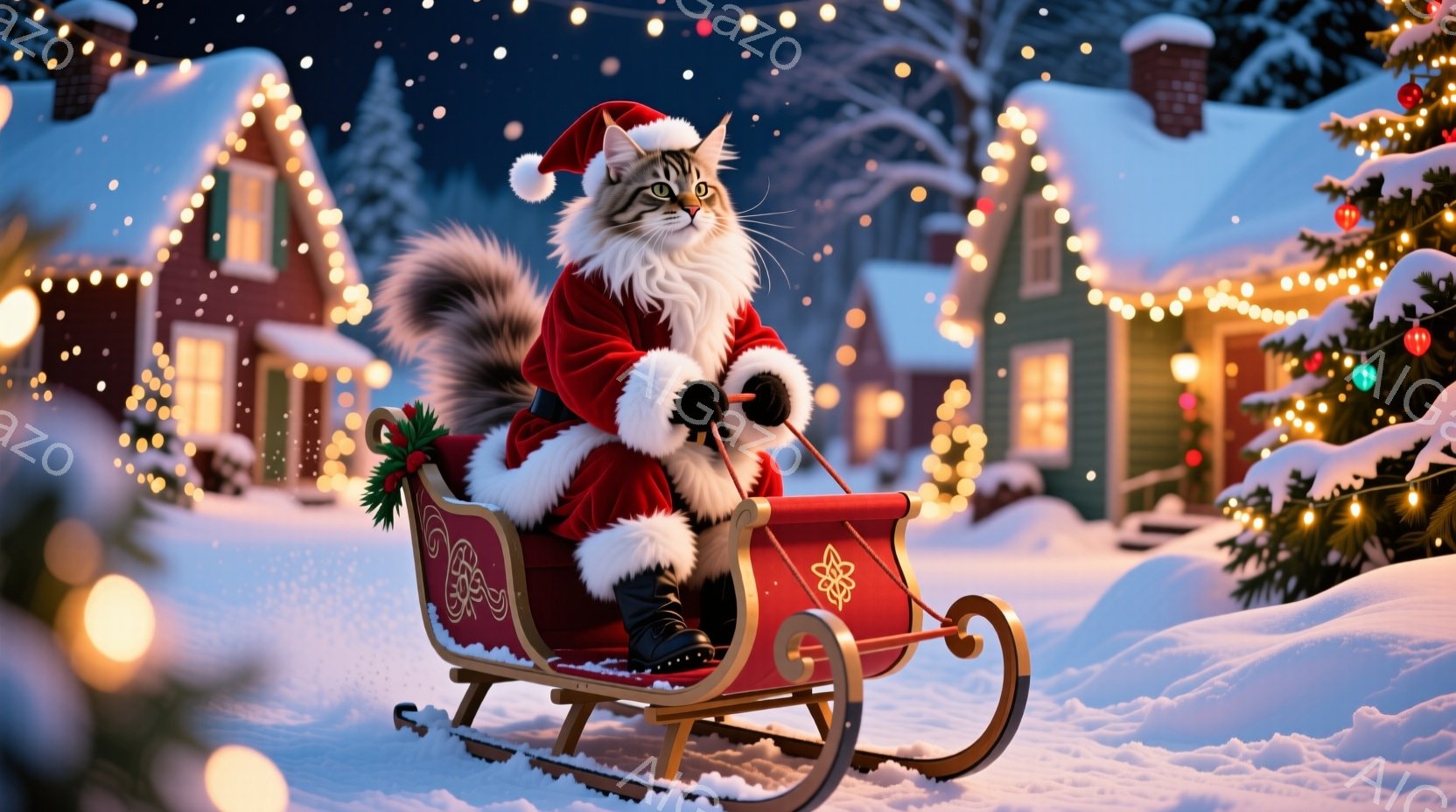 毛むくじゃらの猫がサンタクロースの衣装を着て、赤いそりに乗っています。猫は真剣な表情で、片手でそりのハンドルを握り、雪景色の中を疾走しています。背景には、イルミネーションで飾られた可愛らしい家々が並び - AI生成フリー素材