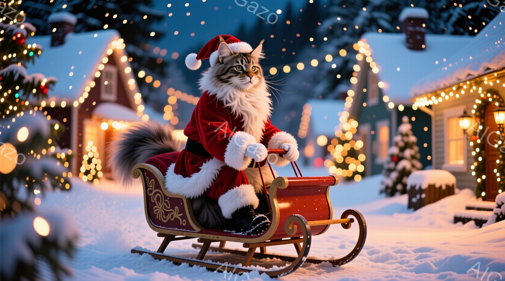 鮮やかな赤いサンタの衣装を着た猫が、雪の上をそりに乗って進んでいます。猫は誇らしげな表情で前を見つめ、白い毛皮の縁取りが施された衣装と、頭にかぶったサンタ帽子が特徴的です。背景には、クリスマスイルミネーションで飾られた家々が並び、雪が舞う幻想的な冬の夜の雰囲気を醸し出しています。