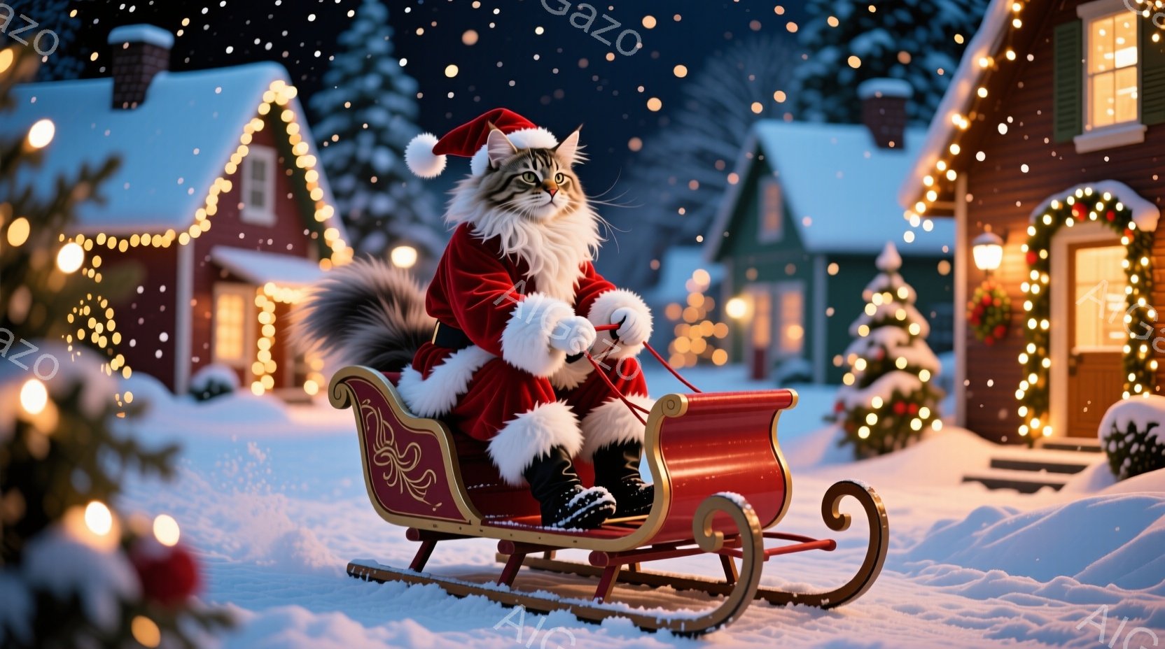 白い雪景色の中で、サンタの衣装を着た猫がそりに乗って進んでいます。猫は赤い衣装と白い毛皮の縁取り、サンタ帽を着用し、片手でそりのひもを引き、自信に満ちた表情をしています。背景には、クリスマスライトで飾 - AI生成フリー素材
