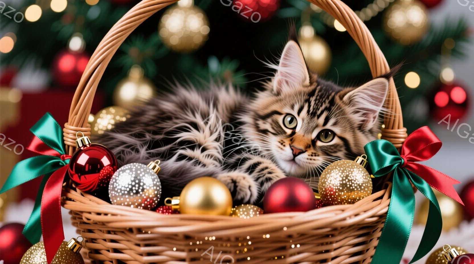 籠の中に、縞模様の茶色の猫が丸まって眠っています。猫はリラックスした表情で、緑と赤のリボンで飾られたクリスマスオーナメントに囲まれています。背景には、ぼやけたクリスマスツリーと輝くオーナメントがあり、 - AI生成フリー素材