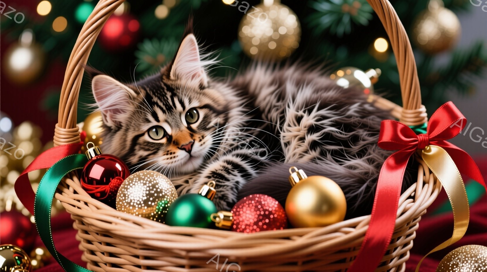茶色い籠の中に、縞模様の小さな子猫が丸まって眠っています。籠の周りには、赤、緑、金色のクリスマスオーナメントが散りばめられ、赤色のリボンが飾られています。背景にはぼやけたクリスマスツリーの緑が見え、暖 - AI生成フリー素材
