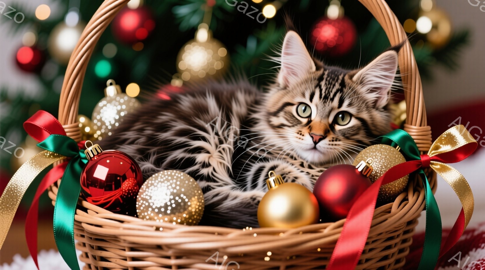 籠の中に子猫が丸まって眠っています。子猫は縞模様で、緑色の目をしており、周囲には赤や金色のクリスマスオーナメントが散りばめられています。背景にはぼやけたクリスマスツリーが見え、全体的に暖かく、お祝いの - AI生成フリー素材