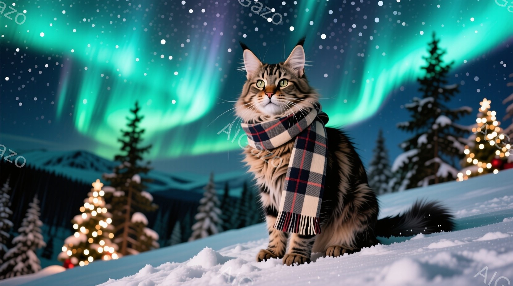 縞模様の猫が雪景色の中で、チェック柄のマフラーを巻いて座っています。背景には、ライトアップされたクリスマスツリーや雪山が連なり、オーロラが空を彩っています。雪が舞い降りる幻想的な冬の風景で、猫は穏やか - AI生成フリー素材