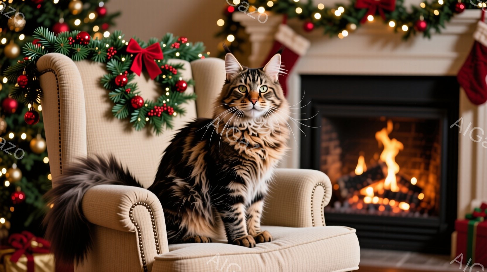 暖炉のそばに置かれたクリーム色の肘掛け椅子に、縞模様の大きな猫が座っています。猫は正面を見ており、落ち着いた表情で、まるで王様のように堂々と座っています。背景にはクリスマスデコレーションが施された暖炉 - AI生成フリー素材