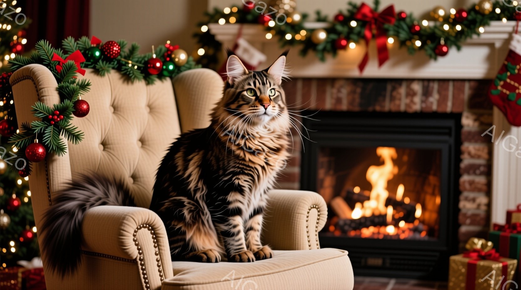 縞模様の大きな猫が、鋲が施されたクリーム色の肘掛け椅子に座って正面を見つめています。背景には、クリスマスツリーと暖炉があり、部屋全体が暖かくお祝いの雰囲気に包まれています。プレゼントが暖炉の周りに置か - AI生成フリー素材