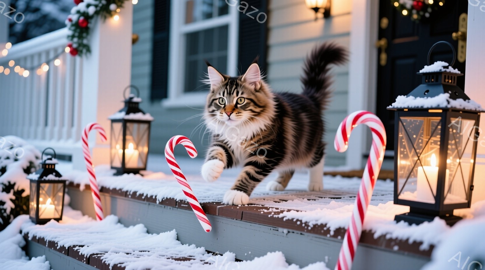 雪が降り積もる家の階段を、縞模様の猫が活発に駆け上がっている。周囲にはキャンディケーンや灯りが灯されたランタンが置かれ、冬の暖かい雰囲気を演出している。背景には住宅と雪景色が広がり、クリスマスの季節を - AI生成フリー素材
