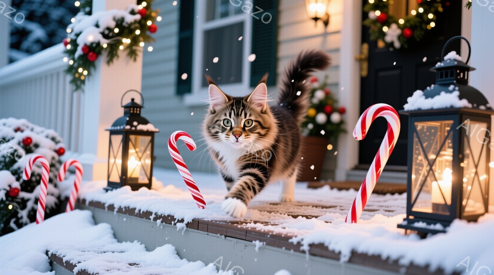 雪が降り積もる家の玄関に、縞模様の猫が歩いている。周囲にはキャンディケーンや点灯したランタンが置かれ、玄関にはクリスマスリースが飾られている。暖かくお祝いムードにあふれた、冬のワンシーンだ。 - AI生成フリー素材