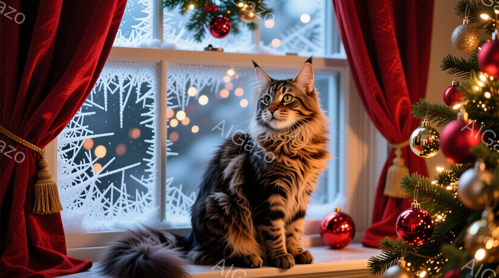 長毛の縞模様の猫が窓辺に座り、外を眺めている。背景には雪の結晶が描かれた窓と、クリスマスツリーの飾り付けが見え、冬の暖かく穏やかな雰囲気が漂っている。猫は落ち着いた表情で、優雅な姿勢でくつろいでいる。 - AI生成フリー素材