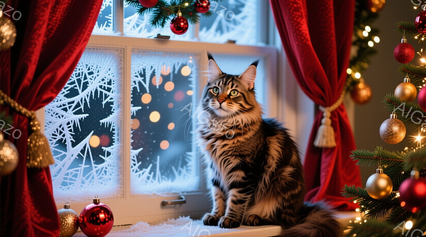 窓辺に座る大きな縞模様の猫が描かれています。背景には雪景色が見え、窓には霜模様が描かれています。赤いカーテンとクリスマスツリーの飾り付けが暖かく、冬の穏やかな雰囲気を醸し出しています。 - AI生成フリー素材