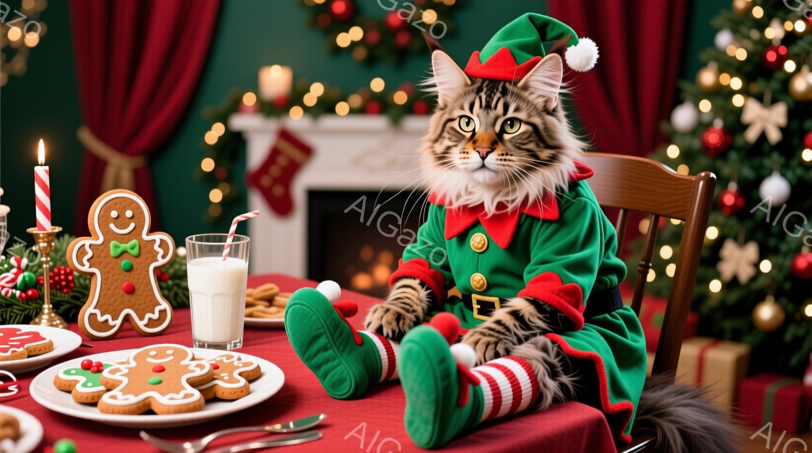 赤いテーブルクロスが敷かれたテーブルに、サンタのエルフの衣装を着た茶トラの猫が座っています。猫は緑色の服と帽子を身に着け、おもちゃのような靴を履き、ジンジャーブレッドクッキーと一杯のミルクが置かれたテ - AI生成フリー素材