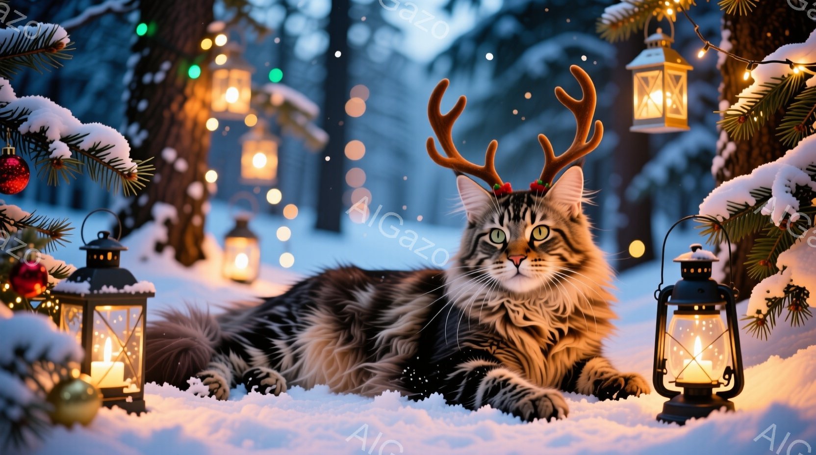 長毛の縞模様の猫が雪の上に横たわっており、頭には小さな角の飾りをつけている。背景には、点灯したランタンと装飾されたクリスマスツリーがあり、雪が舞う冬の夜の幻想的な雰囲気を醸し出している。猫はリラックス - AI生成フリー素材