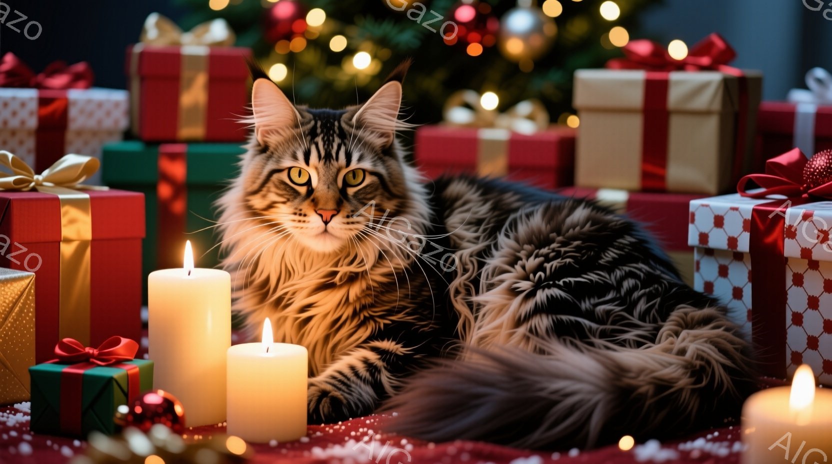長毛の猫が、クリスマスプレゼントのような箱と輝くキャンドルに囲まれてリラックスして横たわっています。猫は美しい縞模様を持ち、落ち着いた表情でカメラを見つめており、背景にはぼやけたクリスマスツリーの光が - AI生成フリー素材