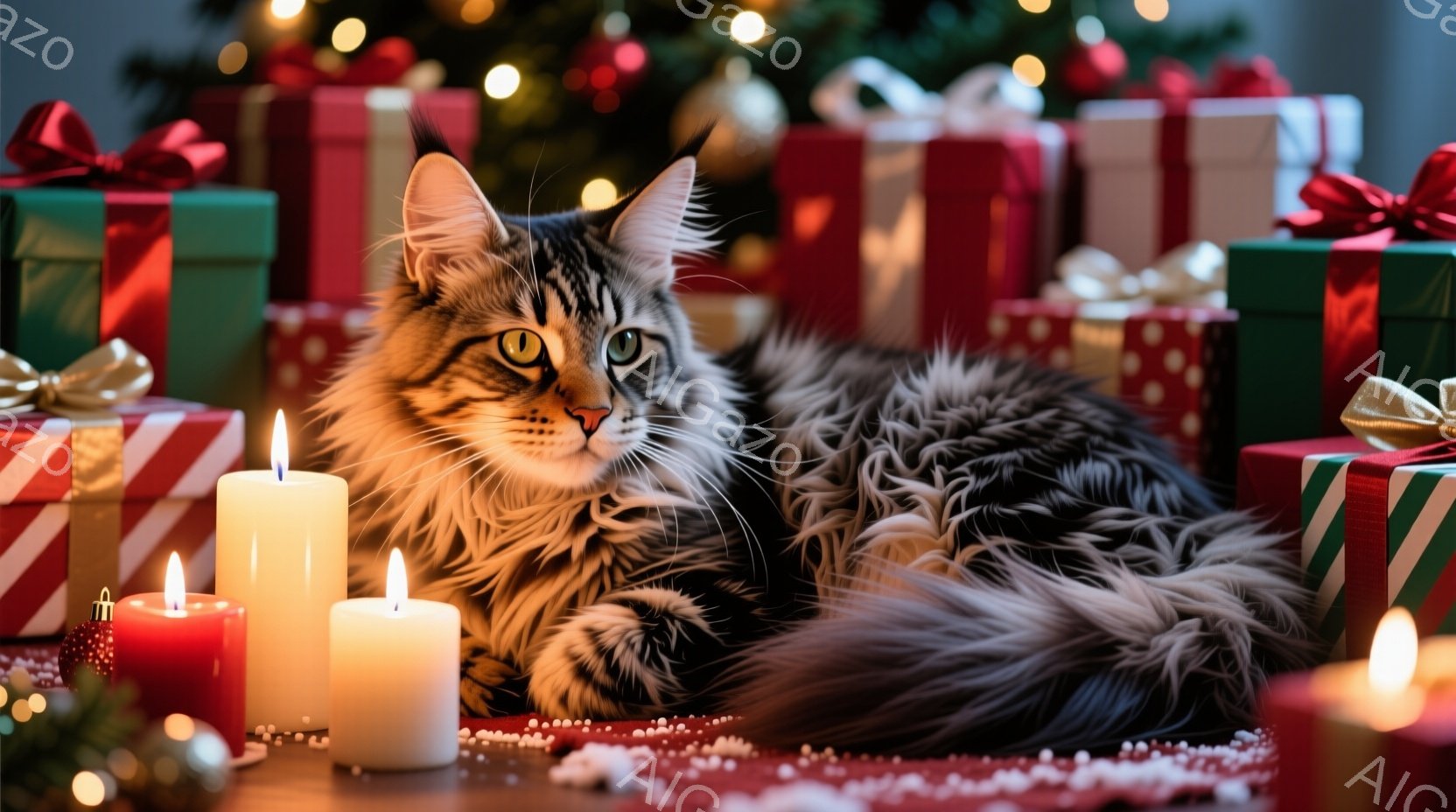 長毛の猫がクリスマスプレゼントに囲まれて、リラックスして横たわっています。猫は暗い縞模様の毛並みで、緑色の瞳が印象的です。背景には、ぼやけたクリスマスツリーの光が暖かく、周囲には点灯したキャンドルが配 - AI生成フリー素材