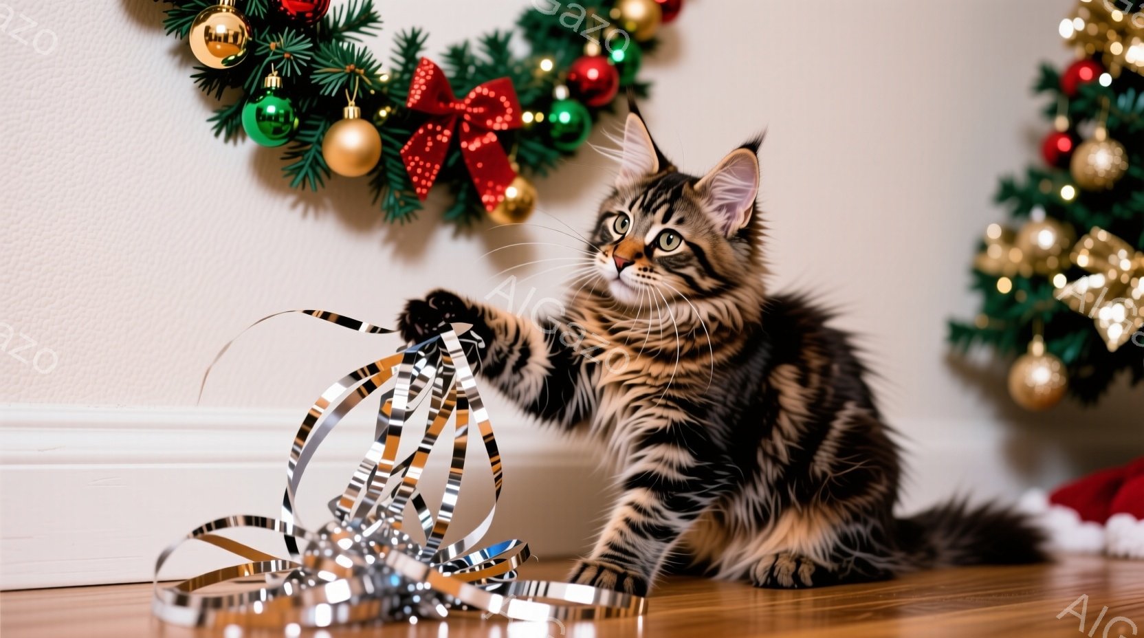 茶色の縞模様の小さな子猫が、銀色のリボン状の飾りを前足で楽しそうに引っ張っている様子が写っている。背景には、赤いリボンと装飾が施されたクリスマスツリーの飾りが見え、床は木製で暖かみがある。全体的に、ク - AI生成フリー素材