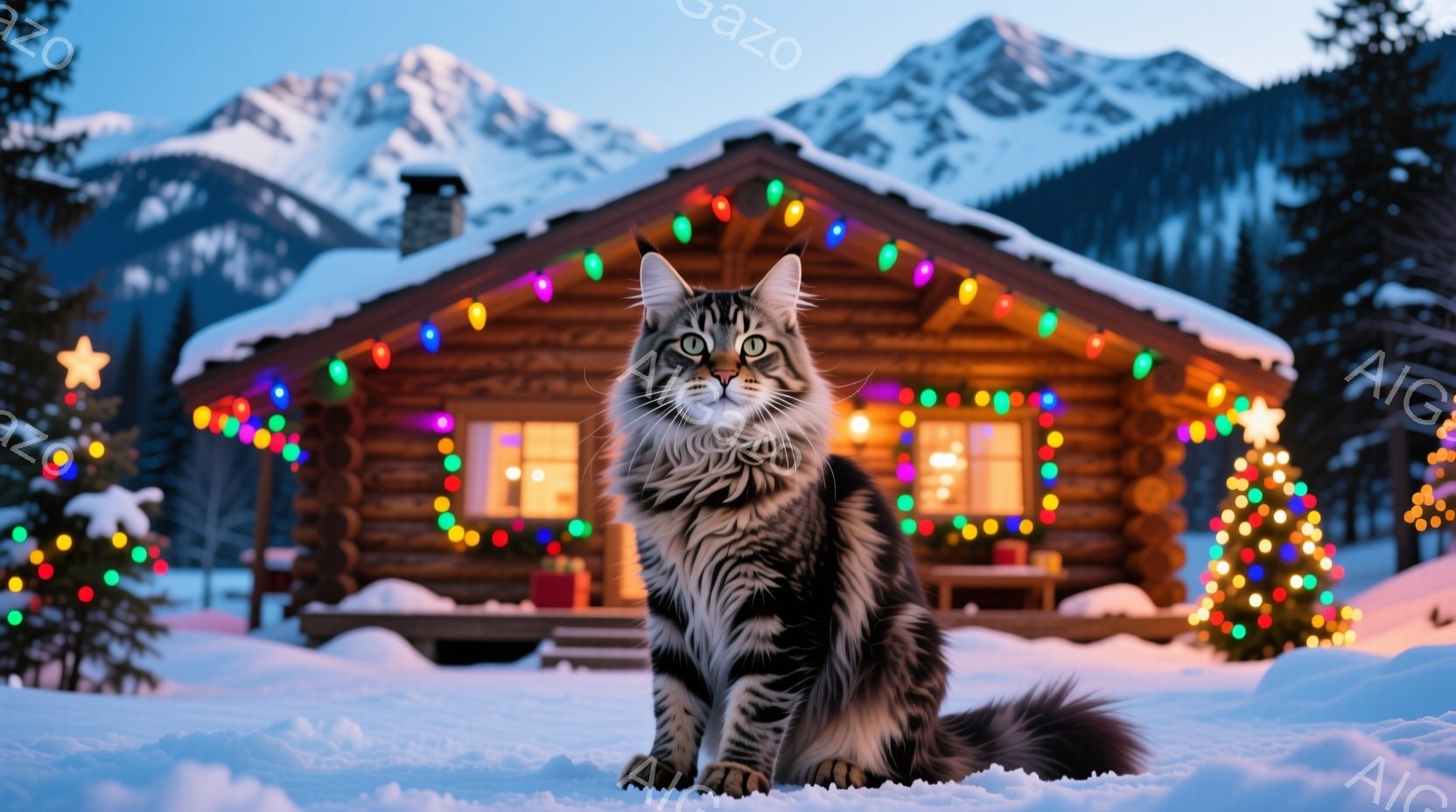 灰色の縞模様の猫が雪の上に座っており、緑色の瞳がこちらを見つめています。背景には、カラフルな電飾で飾られた木造のキャビンと、雪をまとった山々が広がっており、冬の暖かい雰囲気を醸し出しています。雪景色とキャビンの灯りが、おとぎ話のような幻想的な世界を作り出しています。