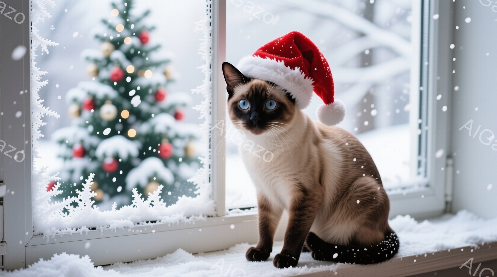シーロの猫がサンタ帽を被り、窓枠に座ってこちらを見ています。背景には雪に覆われたクリスマスツリーが見え、雪が舞う冬の風景が広がっています。温かく可愛らしい、クリスマスの雰囲気が漂う一枚です。
