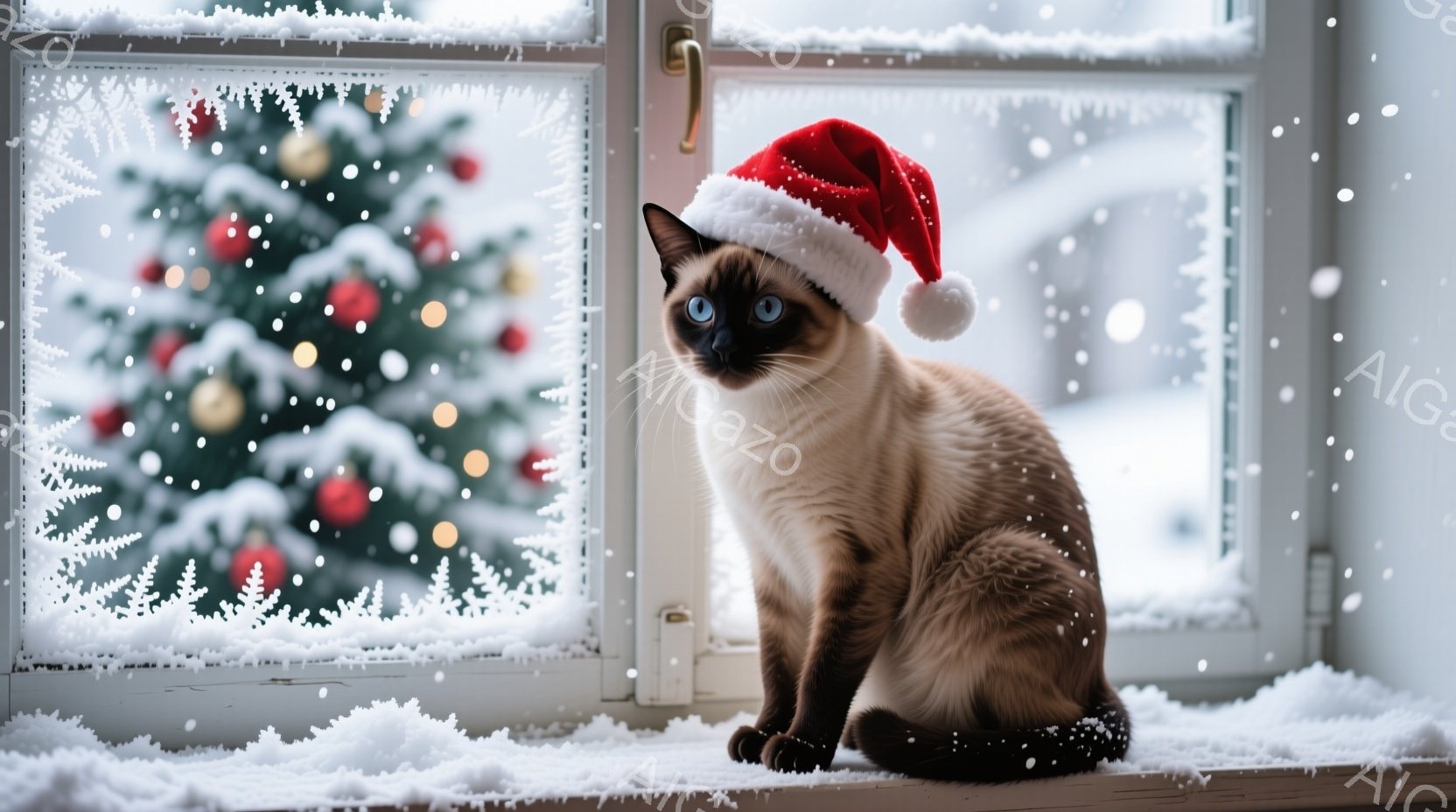 シベリアンハスキーのような毛並みの猫が、クリスマスの帽子をかぶり、窓辺に座っています。窓の外には雪が降り積もり、ぼやけたクリスマスツリーが見えます。暖かく、穏やかで、お祝いの雰囲気です。 - AI生成フリー素材