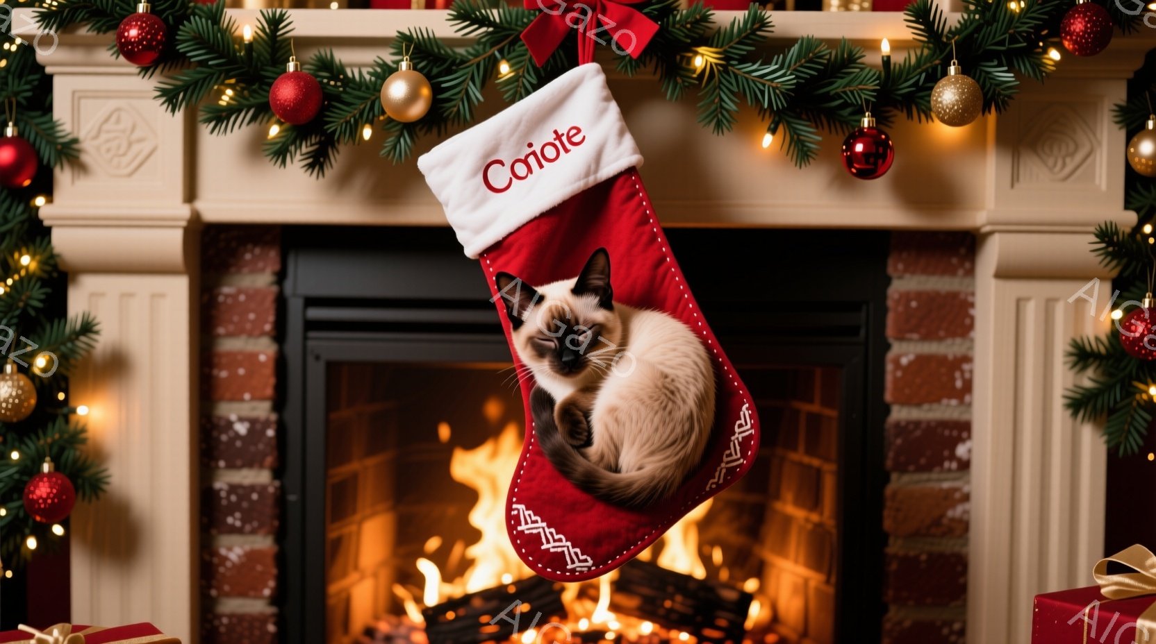 クリスマスを祝う暖炉のそばに、赤いクリスマスストッキングが飾られています。その中には、シベリアン猫が丸まって眠っており、とてもリラックスした様子です。背景には、クリスマスツリーの飾りやプレゼントが散りばめられ、暖かく穏やかなクリスマスの雰囲気が漂っています。