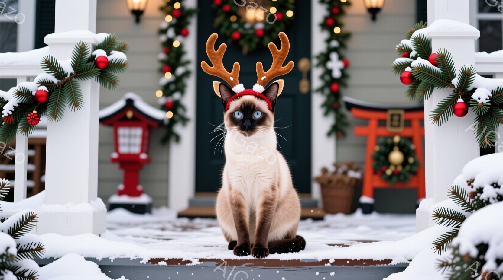 シベリアンハスキーのような毛並みの猫が、クリスマスのトナカイの角を付けて階段に座っています。背景には、クリスマスリースが飾られたオレンジ色のドアと、雪が積もった庭が見えます。全体的に暖かく、お祝いの雰 - AI生成フリー素材