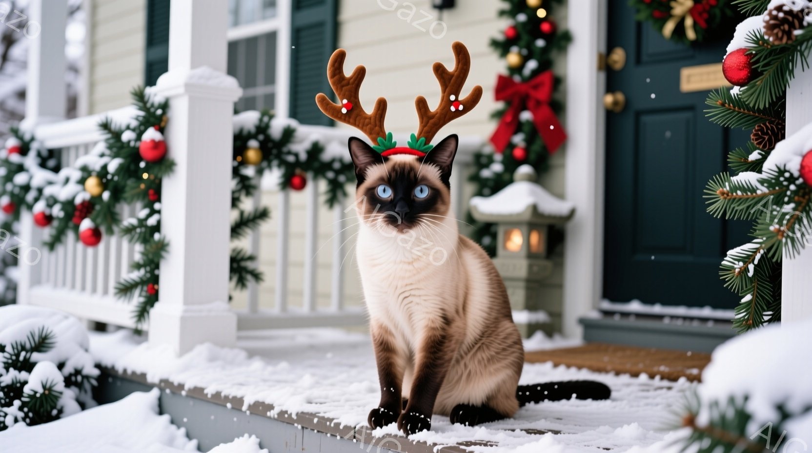 シーマーズ猫が雪の積もった家の玄関の段に座っており、頭には小さなトナカイの角をつけています。猫は正面を見つめ、落ち着いた表情で、冬の背景と鮮やかな装飾が暖かく優しい雰囲気を醸し出しています。背景にはクリスマスツリーのような緑の装飾と赤いオーナメントがあり、雪景色と相まって、冬のホリデーシーズンらしさを感じさせます。