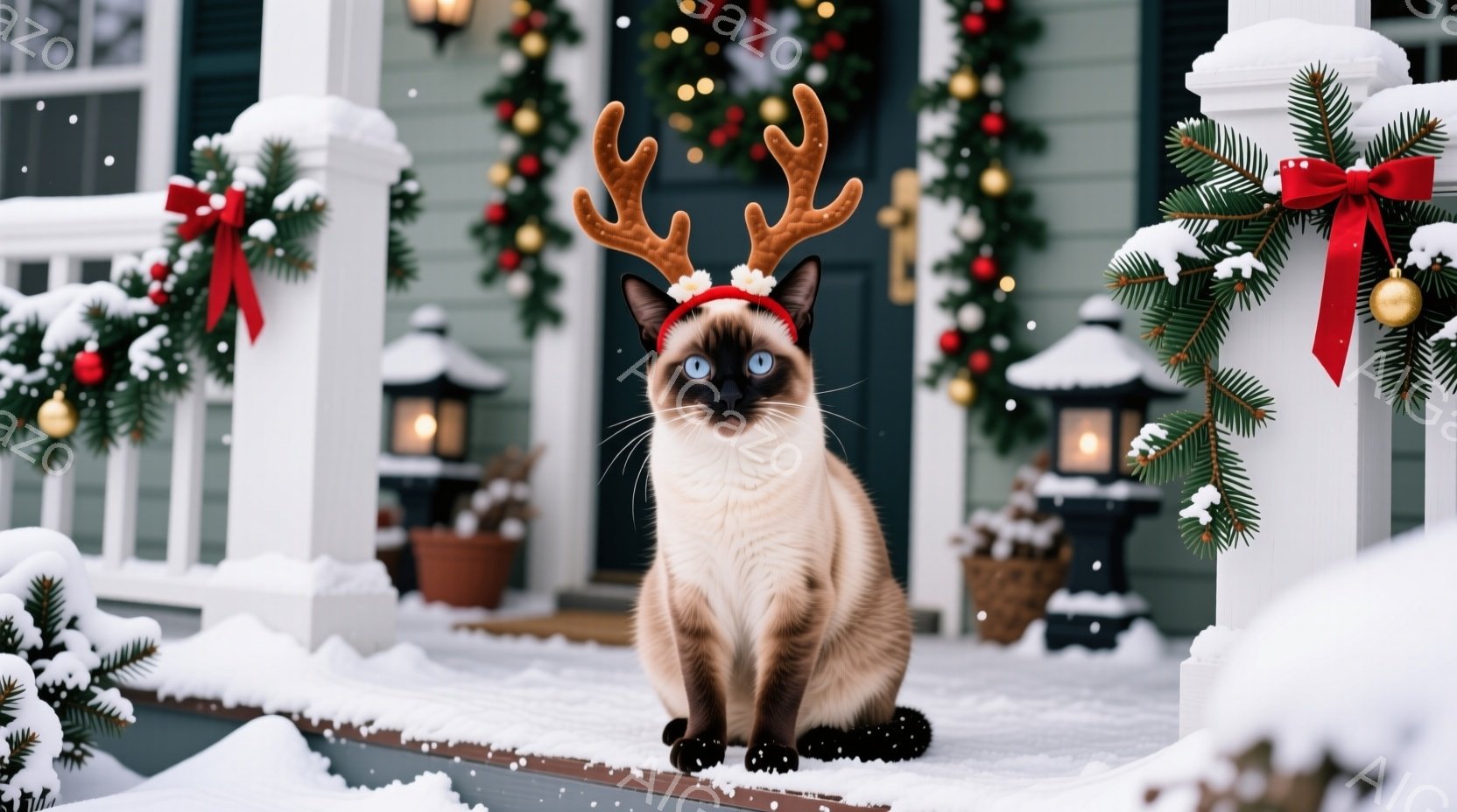 シーマル猫が雪の降る家のポーチに座り、クリスマス風の角のヘッドバンドをつけています。猫は正面を見ており、静かで落ち着いた表情をしています。背景にはクリスマスリースや装飾が施された家があり、冬の暖かく穏 - AI生成フリー素材