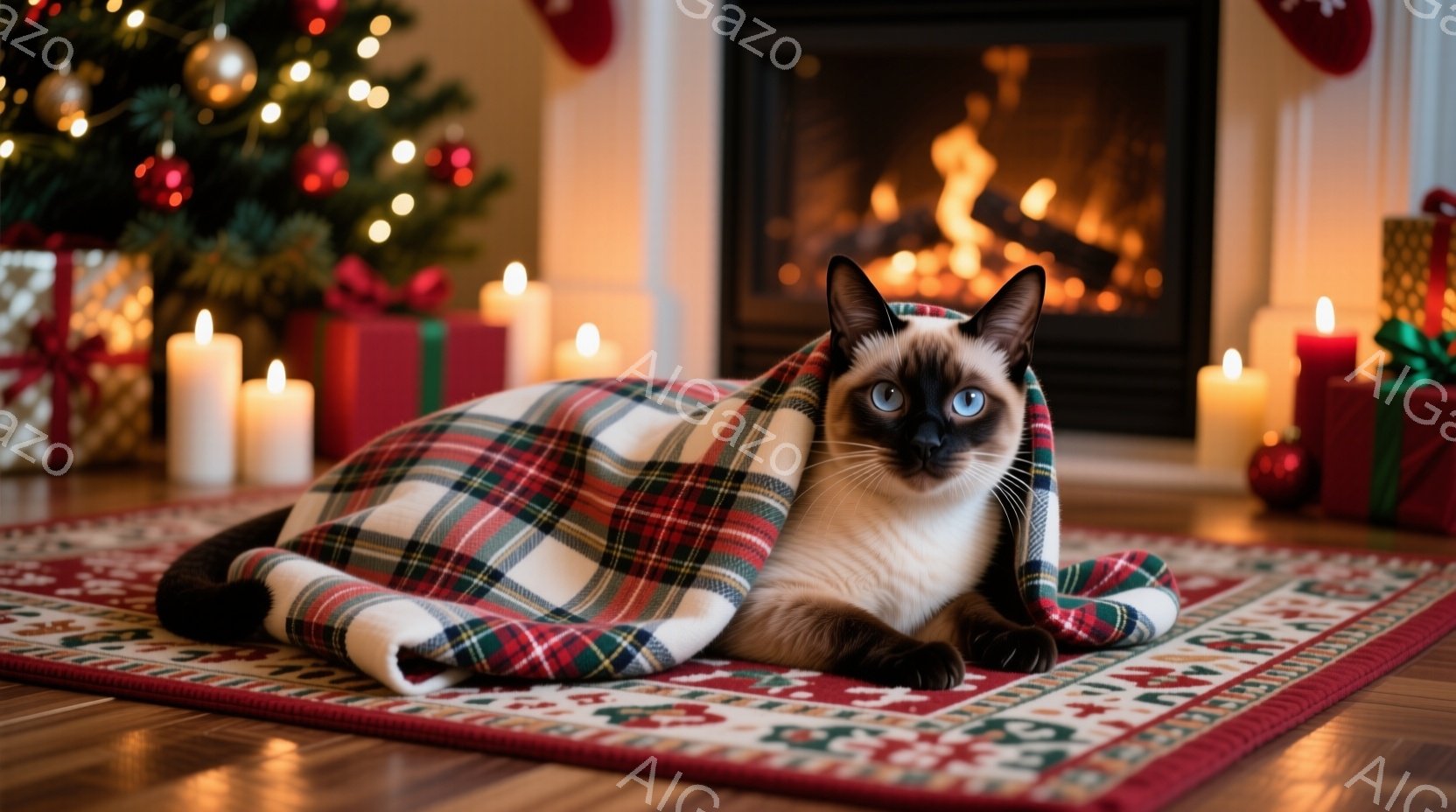 シベリアンハスキーのような美しい毛並みの猫が、赤いタータンチェックのブランケットにくるまってリラックスしています。背景にはクリスマスツリーやキャンドルが飾られ、暖炉の炎が温かい光を放っています。全体的 - AI生成フリー素材