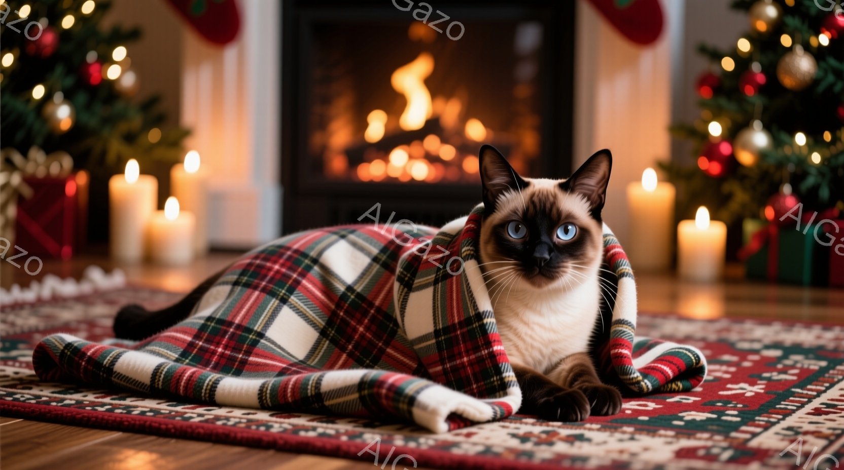 シベリアンハスキーのような美しい毛並みの猫が、赤と緑のチェック柄のブランケットにくるまってリラックスしています。背景には、暖炉の火と、クリスマスツリーの飾りと光がぼんやりと見え、温かく心地よい雰囲気が - AI生成フリー素材