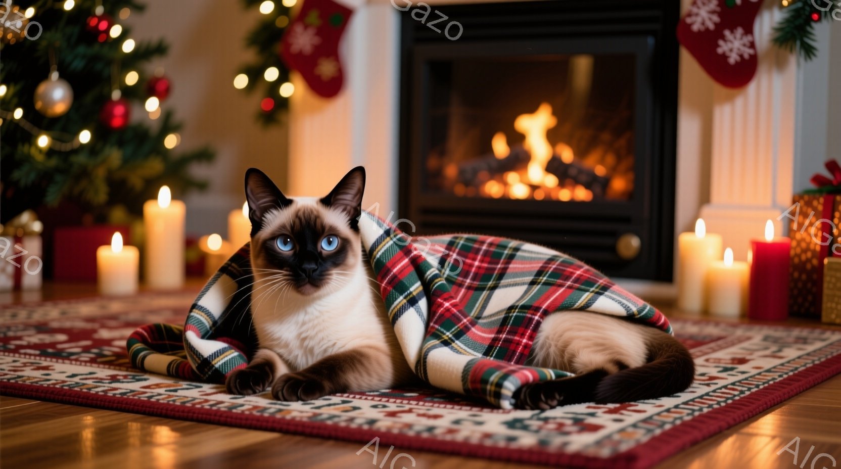 シーマーズ猫が赤いタータンチェックのブランケットに包まって床に横たわっています。背景には暖炉があり、炎が燃え、クリスマスツリーとキャンドルが配置され、暖かい雰囲気を醸し出しています。全体的に、冬のホリデーシーズンの心地よさと安らぎを表した、居心地の良いシーンです。