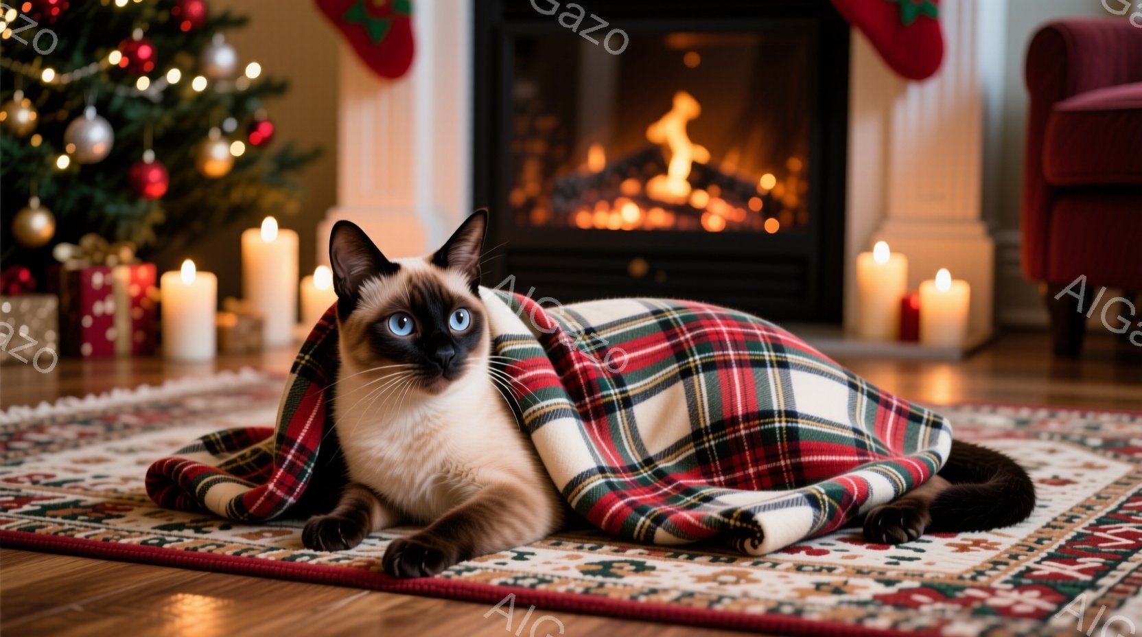 シベリアンハスキーのような毛並みの猫が、赤いタータンチェックのブランケットに包まれて、絨毯の上に横たわっています。暖炉の炎が背景に見え、周りにはキャンドルが灯されており、クリスマスの飾り付けも確認でき - AI生成フリー素材