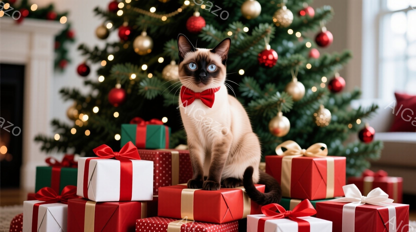シーマル猫が、クリスマスツリーの前に積み上げられたプレゼントの山の上に座っています。猫は赤い蝶ネクタイを着用し、まっすぐ前を見て穏やかな表情をしています。背景には、オーナメントで飾られた緑豊かなクリス - AI生成フリー素材