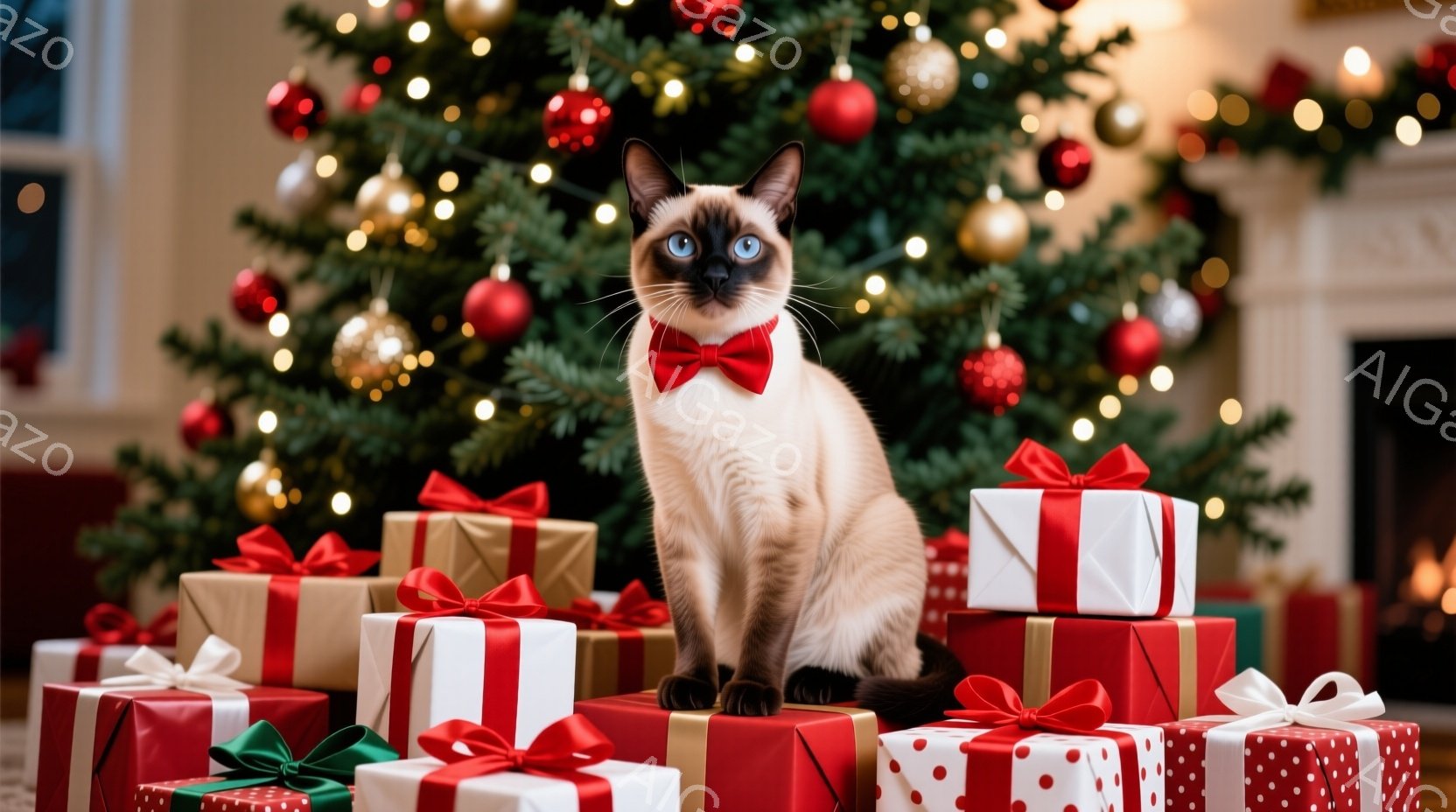 シーマル猫が、クリスマスツリーを背景に、積み上げられたプレゼントの上に座っています。赤い蝶ネクタイをつけ、まっすぐ前を見て少し気高い表情をしています。背景には、装飾されたクリスマスツリーと暖炉があり、 - AI生成フリー素材