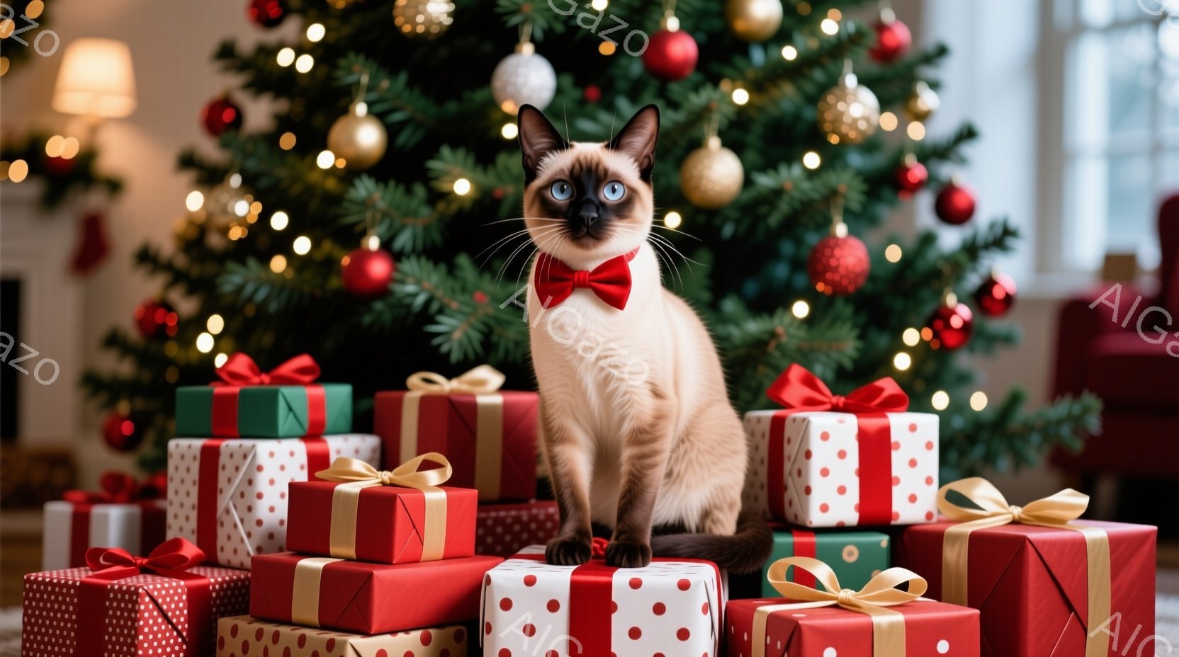 クリーム色の猫が、赤い蝶ネクタイをつけ、クリスマスプレゼントの山の上に座っています。プレゼントは赤と白の水玉模様の包装紙で包まれ、金色のリボンで飾られています。背景には、装飾が施されたクリスマスツリー - AI生成フリー素材