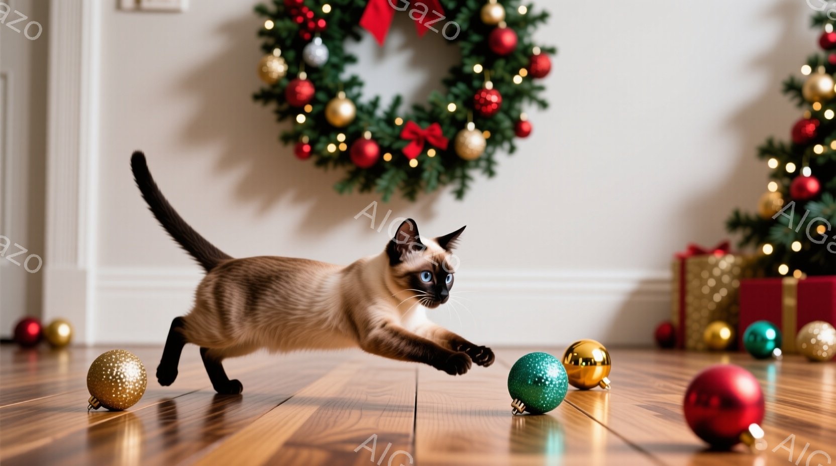 シーマ模様の猫が木製の床の上を活発に走り、赤い、緑、金色のクリスマスオーナメントを蹴飛ばしています。背景には、赤いリボンと装飾が施されたクリスマスリースと、プレゼントの箱が置かれたクリスマスツリーがあり、お祝いの雰囲気を醸し出しています。明るい照明と暖かい色調が、このシーンに喜びと活気をもたらしています。