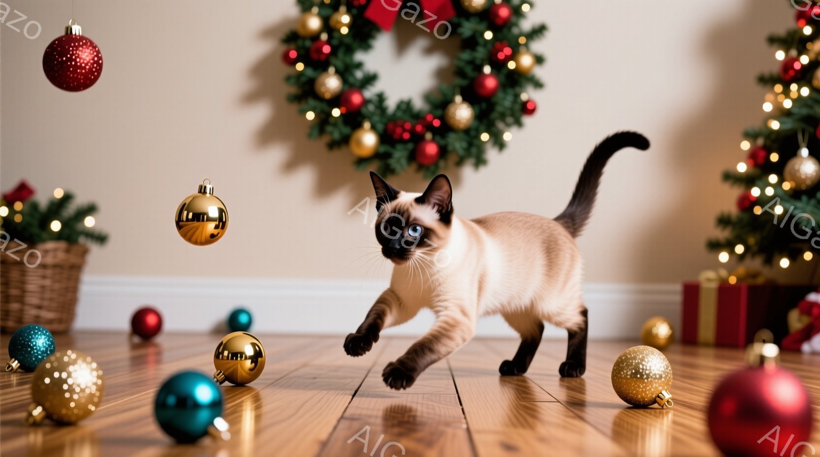 シナモンの毛並みをした子猫が、クリスマスオーナメントが散らばる木製の床の上を歩いています。背景には、クリスマスリースと、飾り付けられたクリスマスツリーが見え、お祝いの雰囲気が漂っています。全体的に温か - AI生成フリー素材