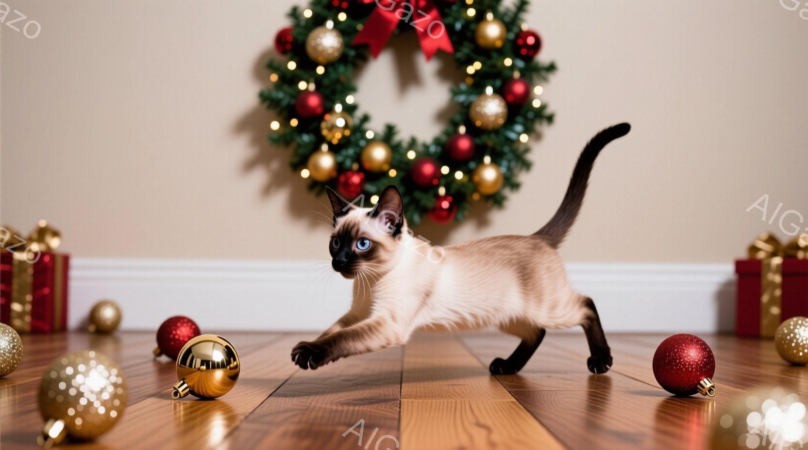 シーマ模様の猫が、クリスマスオーナメントが散らばる木の床の上を活発に走り回っている。背景には赤いリボンが付いたクリスマスリースが飾られており、赤いギフトボックスも見える。暖色系の照明と装飾が、お祝いムードと活気のある雰囲気を醸し出している。