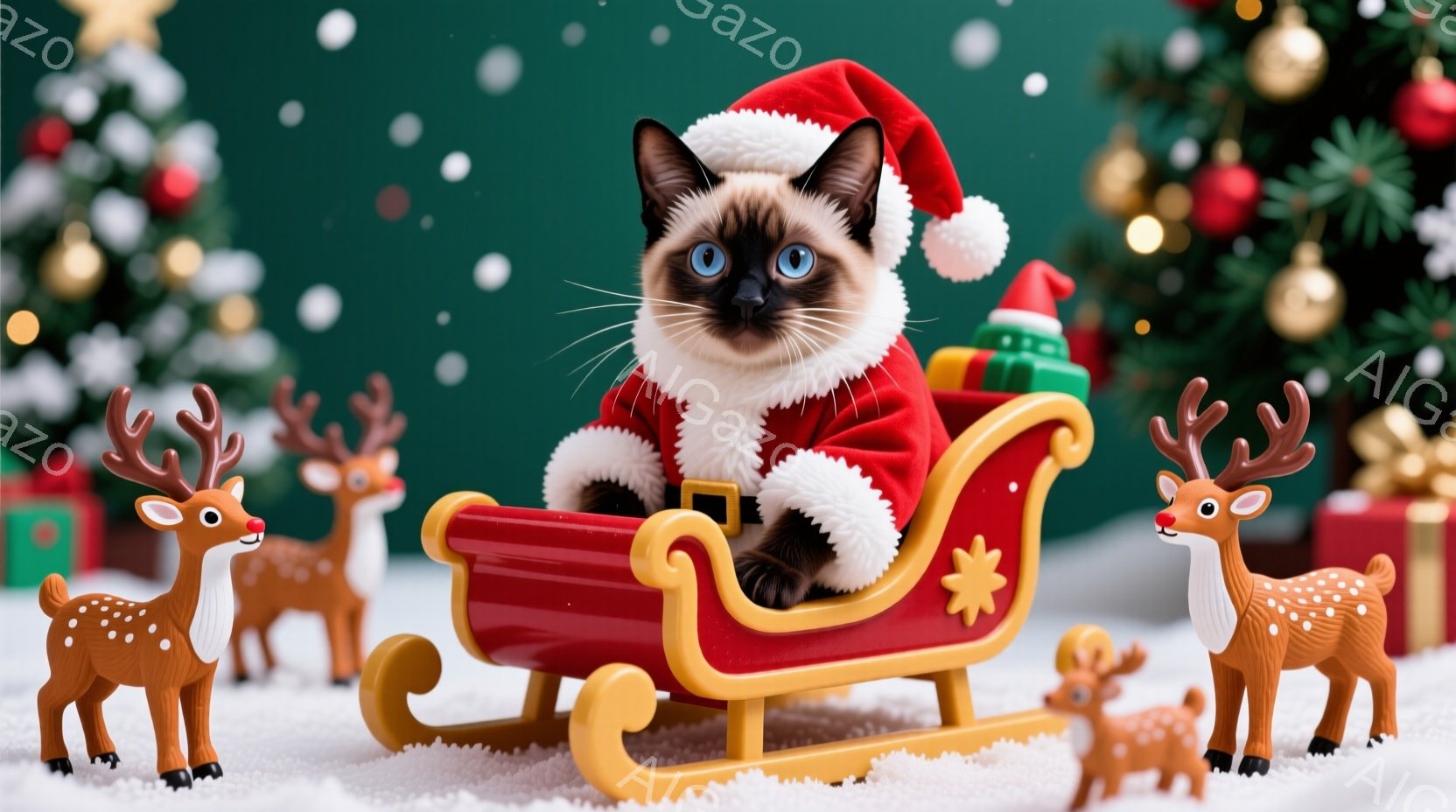 シベリアンハスキーのような毛色の猫が、赤いサンタの衣装を着て、小さなそりに座っています。猫は正面を見つめ、わずかに微笑んでいるように見え、周囲には複数のプラスチック製の鹿の置物が配置されています。背景 - AI生成フリー素材