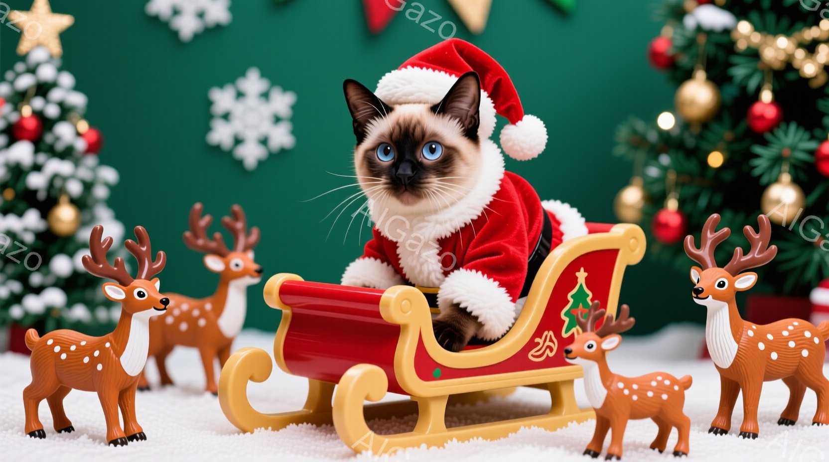 シベリアンハスキーのような毛並みの猫が、赤いサンタクロースの衣装を着て、ミニチュアのそりに座っています。猫は青い目を持ち、少し驚いたような表情をしています。背景には、雪が積もったような白い地面と、クリ - AI生成フリー素材