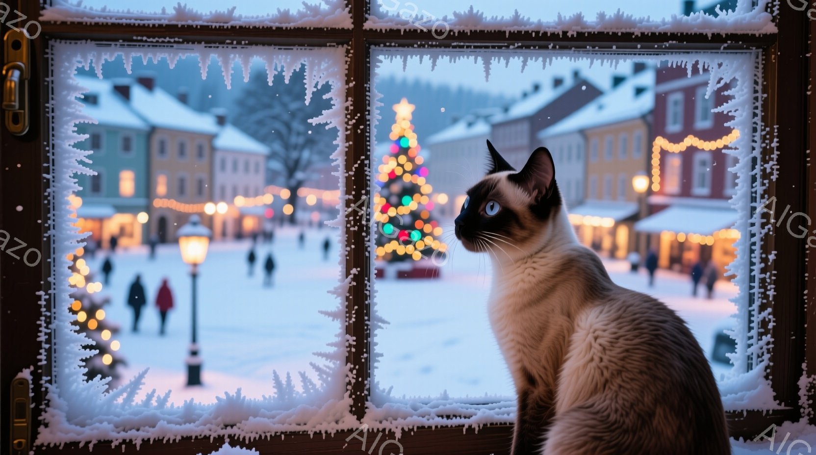 霜で覆われた窓枠から、雪景色が広がる街並みが一望できる。街にはクリスマスの飾り付けが施され、人々がコートを着て散歩している様子が見える。窓辺には、ブラウンとクリーム色のシャム猫が横向きに座り、何かをじっと見つめている様子が描かれている。