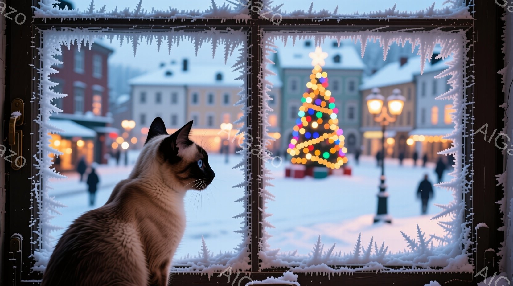 霜で覆われた窓枠に、美しいシャム猫が座り、雪景色を眺めている。背景には、イルミネーションで飾られたクリスマスツリーや建物が立ち並び、静かで幻想的な冬の風景が広がっている。雪が舞い、温かい光が灯る中で、 - AI生成フリー素材