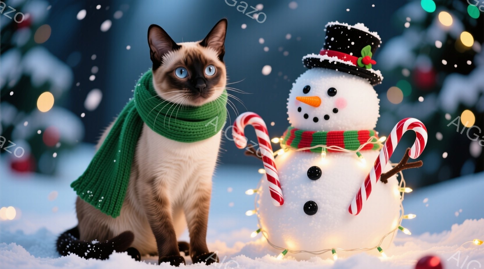 シーマーズ猫が緑の編み物のマフラーを巻いて雪の上に座っており、前には雪だるまが立っています。雪だるまは赤い縞模様のスカーフ、黒いボタンの目、にんじんの鼻、そして小さな帽子をかぶっており、まばゆいばかりの光のストリングで飾られています。背景にはぼやけた緑の木々と降雪があり、全体的に温かくお祝いの雰囲気が漂っています。
