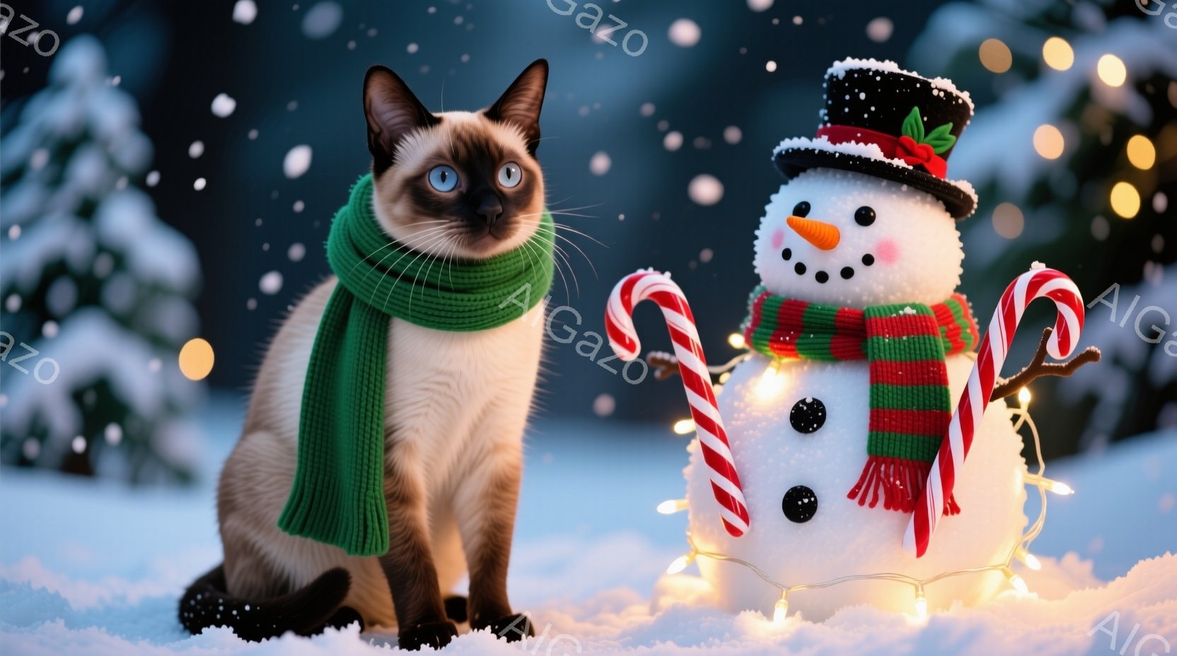 シーマーズ猫が緑色のスカーフを巻き、雪の上に座っています。背景には雪の積もった木々があり、雪が舞っています。右側には、赤い鼻と杖を持った雪だるまが飾られており、カラフルな電飾で囲まれています。 - AI生成フリー素材
