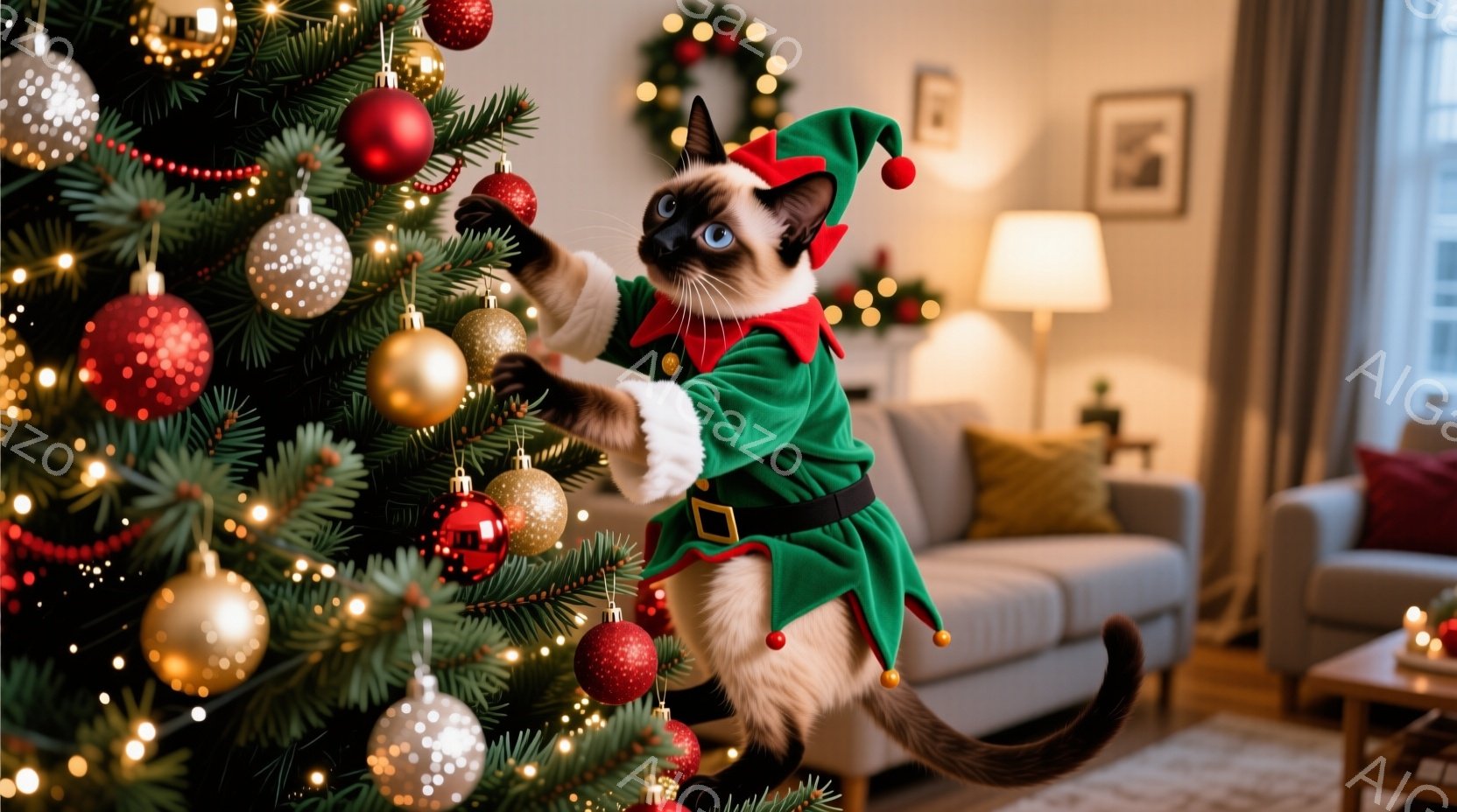 クリスマスツリーによじ登る、茶色と白の猫が写っています。猫は緑色のエルフの衣装を着ており、赤いポンポンが付いた帽子を被っています。背景には、装飾されたクリスマスツリーと、柔らかい光が差し込むリビングル - AI生成フリー素材