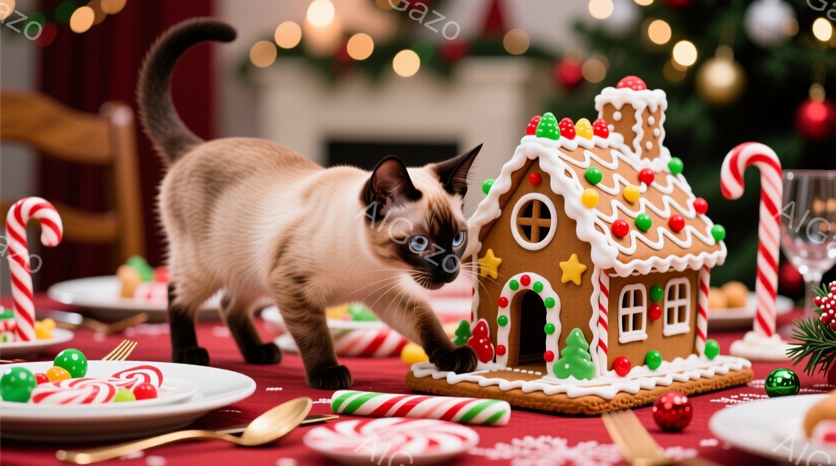 シナモン色のシャム猫が、クリスマスをテーマにしたジンジャーブレッドハウスに向かって歩き出そうとしています。テーブルの上には、キャンディケーンやクッキーなどのクリスマスのお菓子が並べられ、背景にはぼやけ - AI生成フリー素材