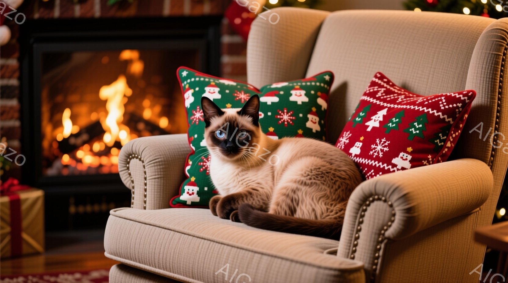 シーマ模様の猫が、クリーム色の肘掛け椅子の座席に横たわってリラックスしています。背景には、暖炉の炎と、クリスマスプレゼントの箱や装飾が写り、季節の暖かさと安らぎの雰囲気を醸し出しています。猫は落ち着いた表情で、クリスマスの背景と相まって、穏やかで心地よい光景です。