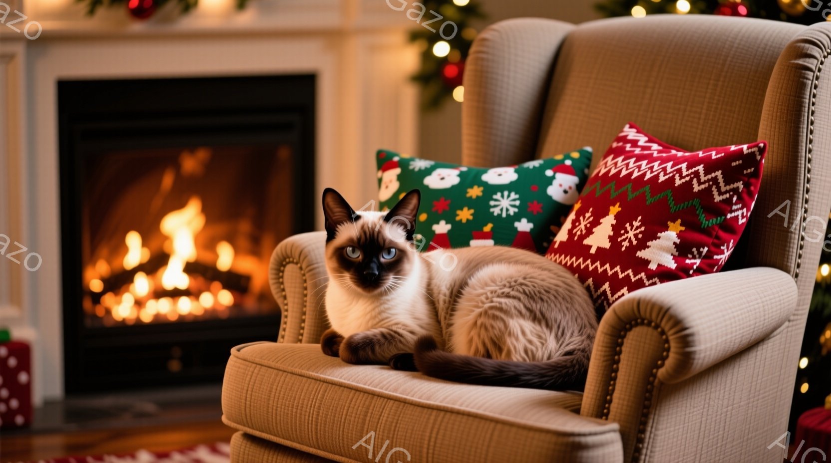 シーマ模様の猫が、クリーム色の肘掛け椅子の背もたれに寄りかかってリラックスしています。背景には、クリスマスツリーのぼんやりとした光と、暖炉の燃え盛る炎が見え、温かく心地よい雰囲気が漂っています。赤と緑 - AI生成フリー素材