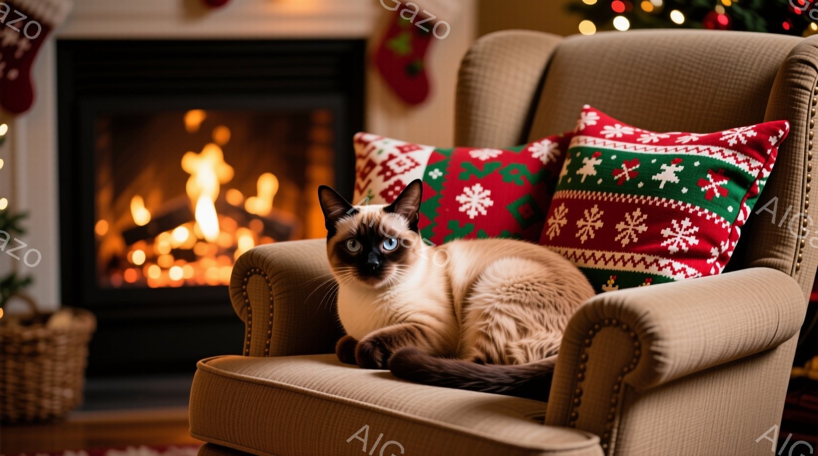 シーマウの猫がベージュ色の肘掛け椅子の座席に座っており、背もたれには赤いクリスマス柄のクッションが置かれています。猫は前足を伸ばし、リラックスした様子で正面を見つめており、深い青色の瞳が印象的です。背 - AI生成フリー素材