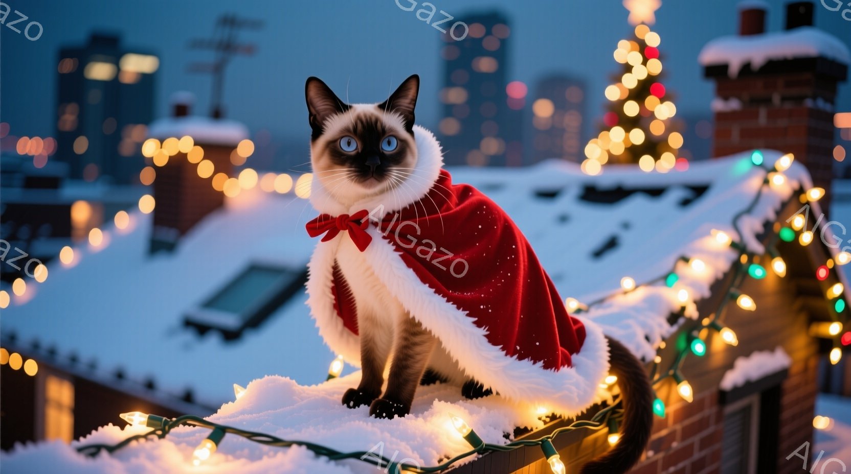 クリーム色の毛皮の縁取りが付いた赤いマントを羽織り、赤いリボンで飾られた、シロクマのような毛並みの猫が雪の屋根の上に座っています。背景には、クリスマスライトで飾られた建物と木々が広がり、薄暗い青色の空 - AI生成フリー素材