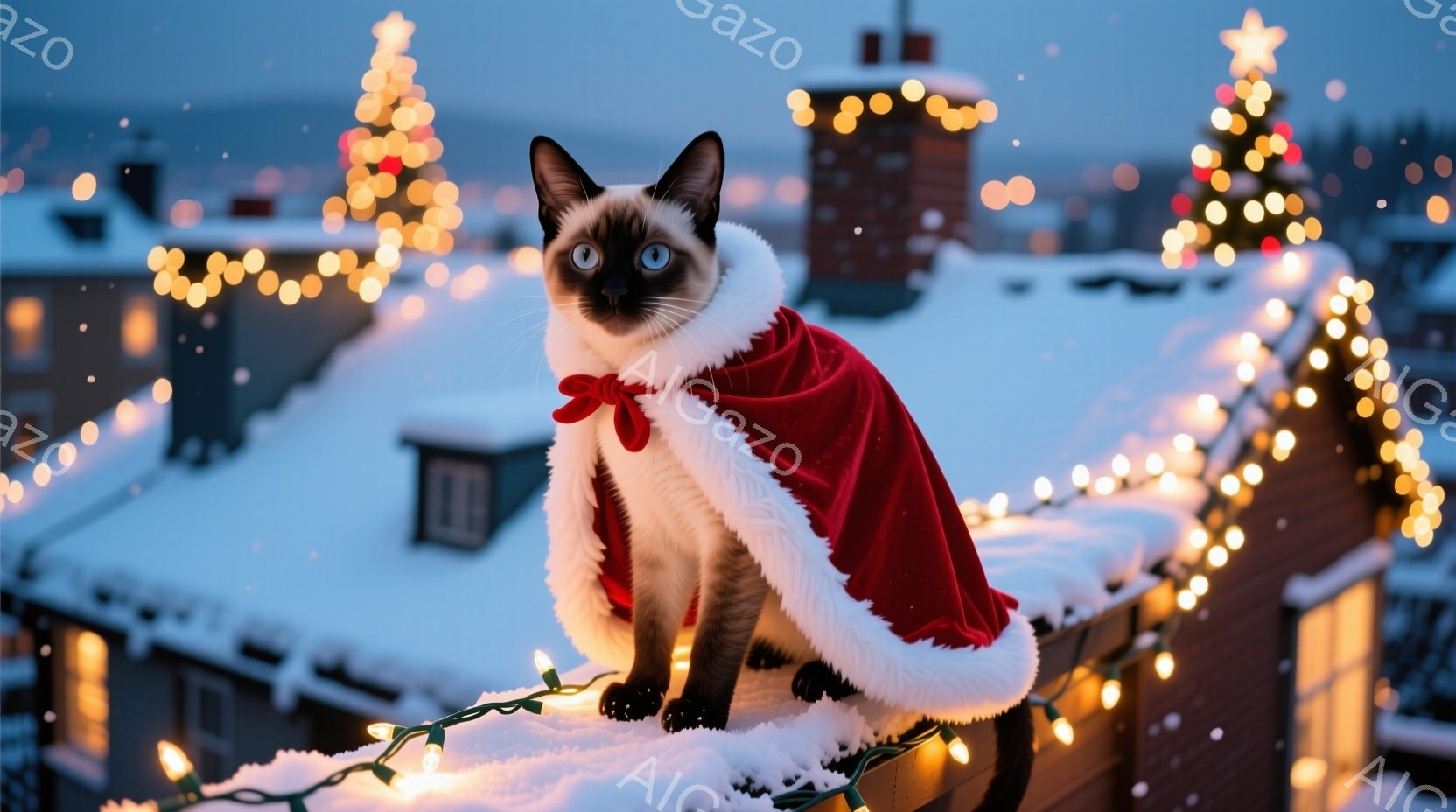 シベリアンハスキーのような毛並みの猫が、赤いマントと白い襟を身につけて雪の上に座っています。その表情はどこか気まぐれで、穏やかでありながらも少しだけ威厳があります。背景には、クリスマスのイルミネーショ - AI生成フリー素材